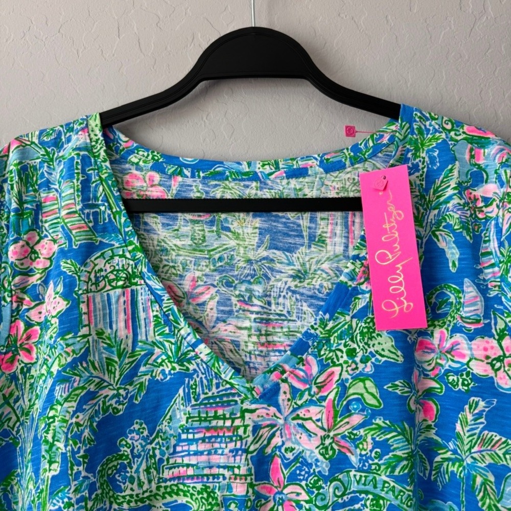 Lilly Pulitzer XL Etta VNeck Top Boca Blue Beneath the Bougainvillea ShortSleeve - Picture 3 of 5